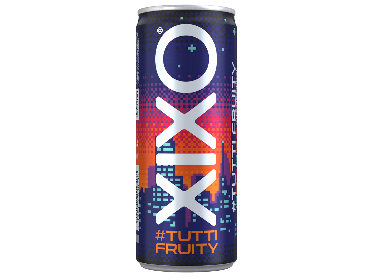 Кенче с енергийна напитка с надпис '#TUTTI FRUITY' и пикселен дизайн.