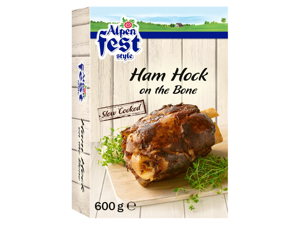 Ham hock on the bone, slow cooked, 600g, with a rustic wood and mountain theme.
