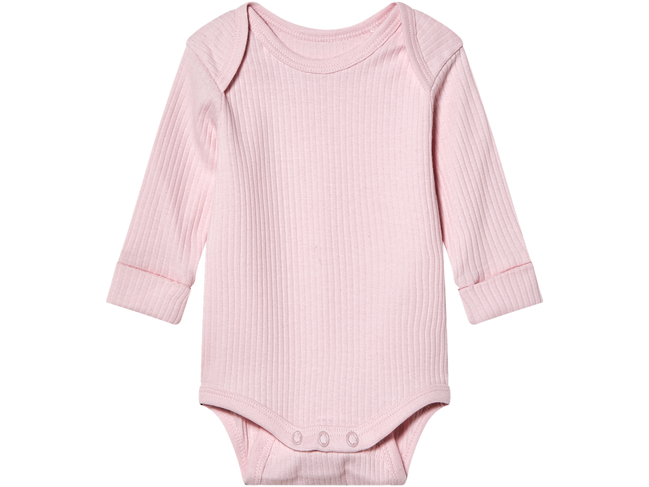 Rosa babybody med långa ärmar.