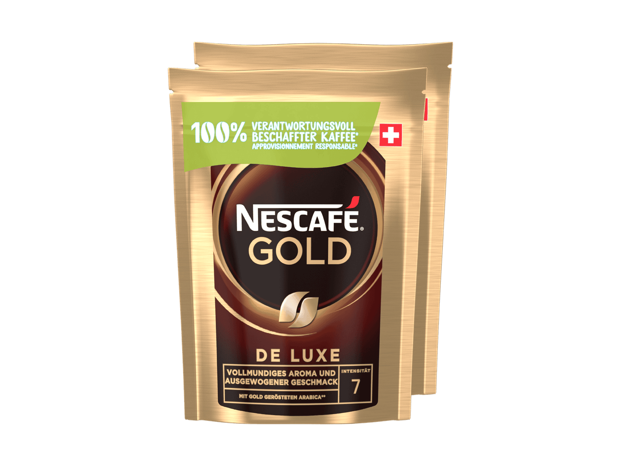 Deux paquets de café dorés avec l'inscription '100% café approvisionné de manière responsable'