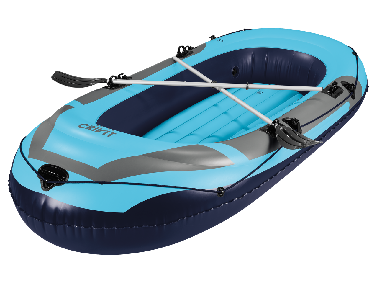 Crivit blue inflatable boat with oars.