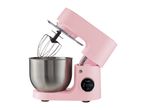 Pink stand mixer with a stainless steel bowl and whisk attachment, tilted upwards.
