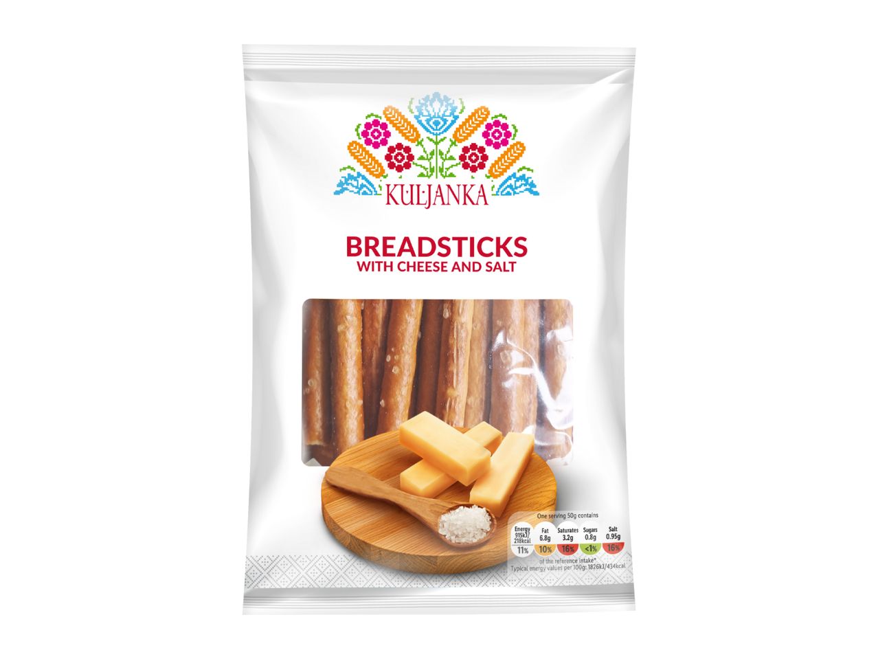 Breadsticks with cheese and salt in a white package with a colorful floral design.