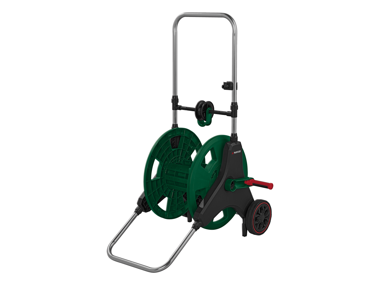 Zelena kolica za vrtno crijevo s ručkom i kotačima na crnoj pozadini.