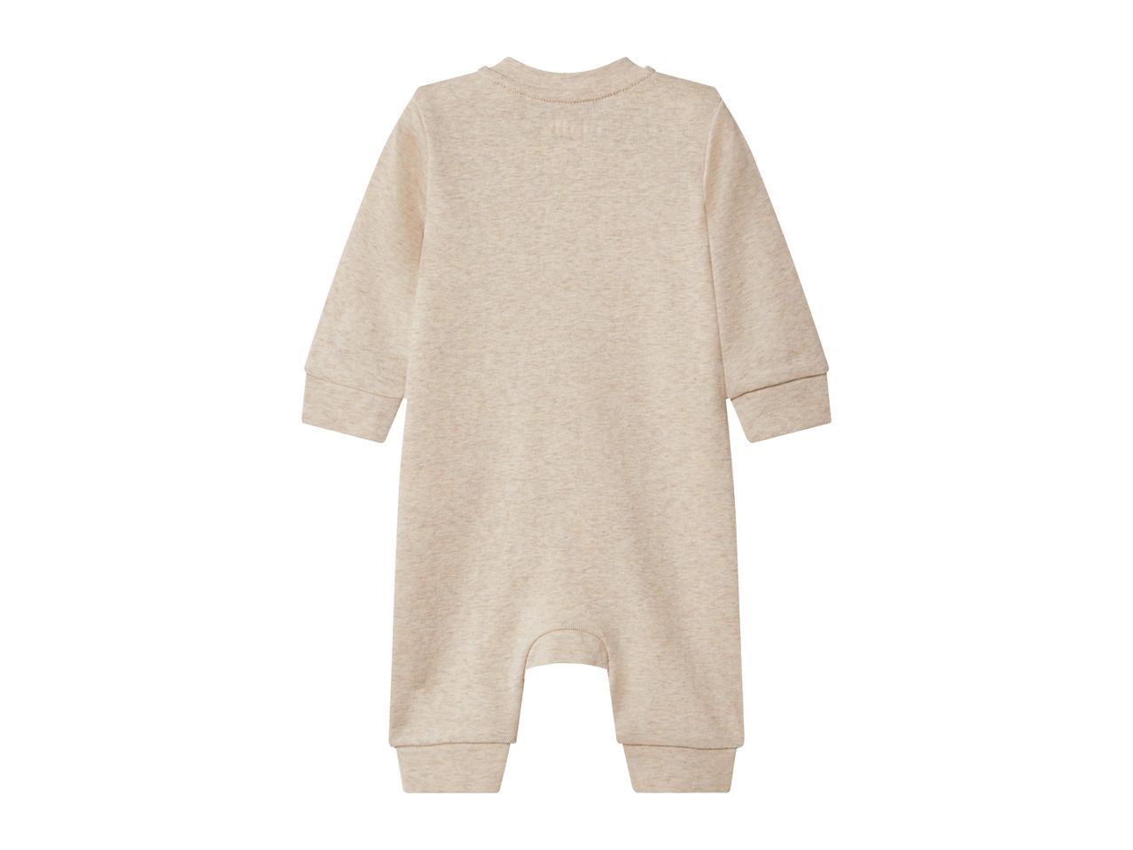 Back view of a beige baby romper with long sleeves and legs.