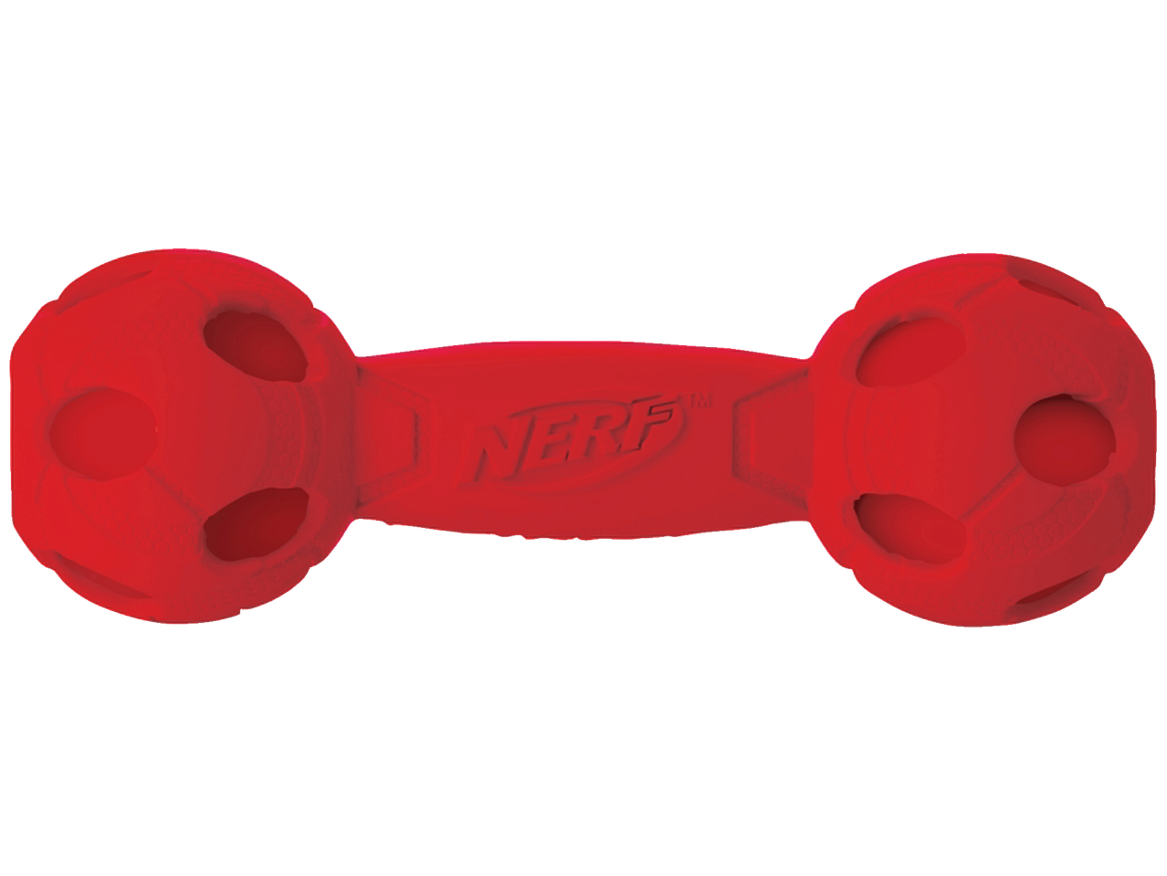 Um haltere Nerf vermelho para cães com formato de bola de futebol.