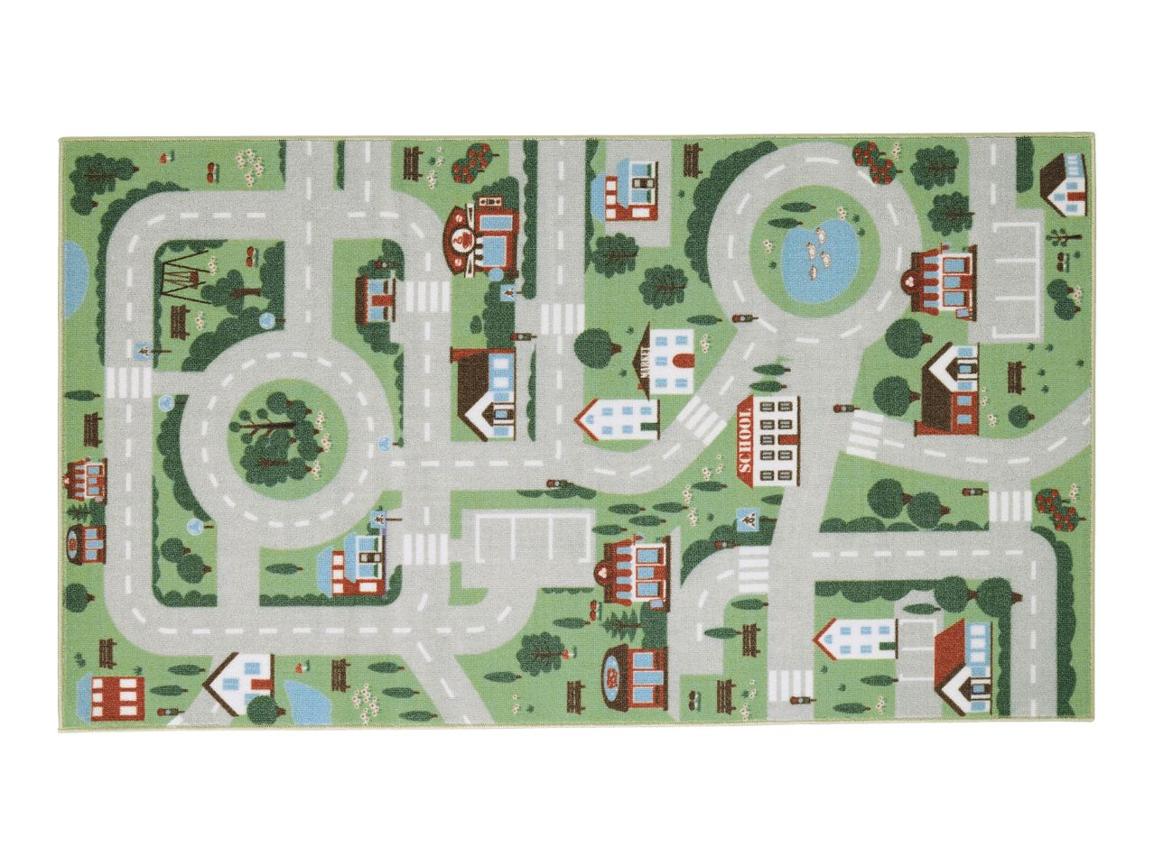 Playmat with a town map featuring roads, houses, a school, and a pond with ducks.