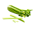 Fresh celery stalks and leaves, some cut, against a black background.