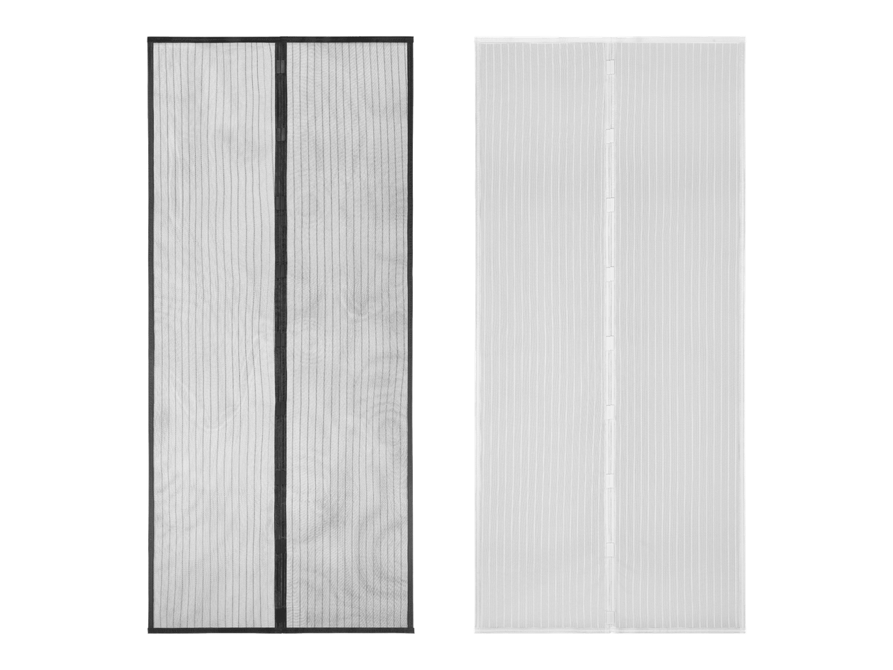 Kaksi hyttysverkkoa oviaukkoon, toinen musta ja toinen valkoinen.