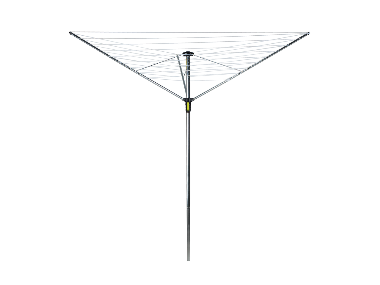 A rotary clothesline with a tall, slender pole and a triangular frame of lines.