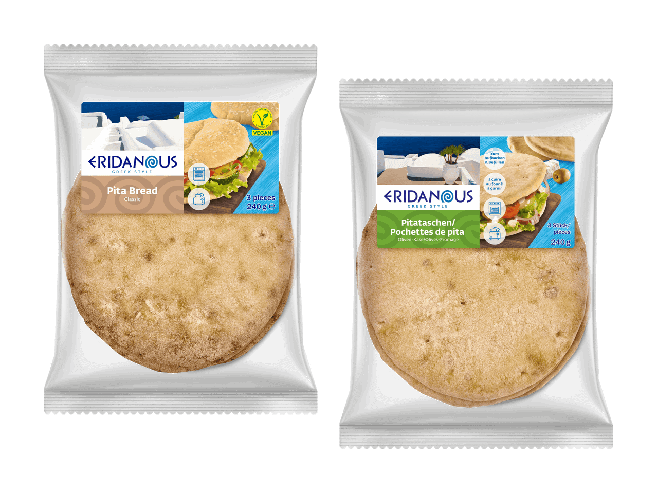 Deux paquets de pain pita, l'un classique et l'autre aux olives et au fromage.