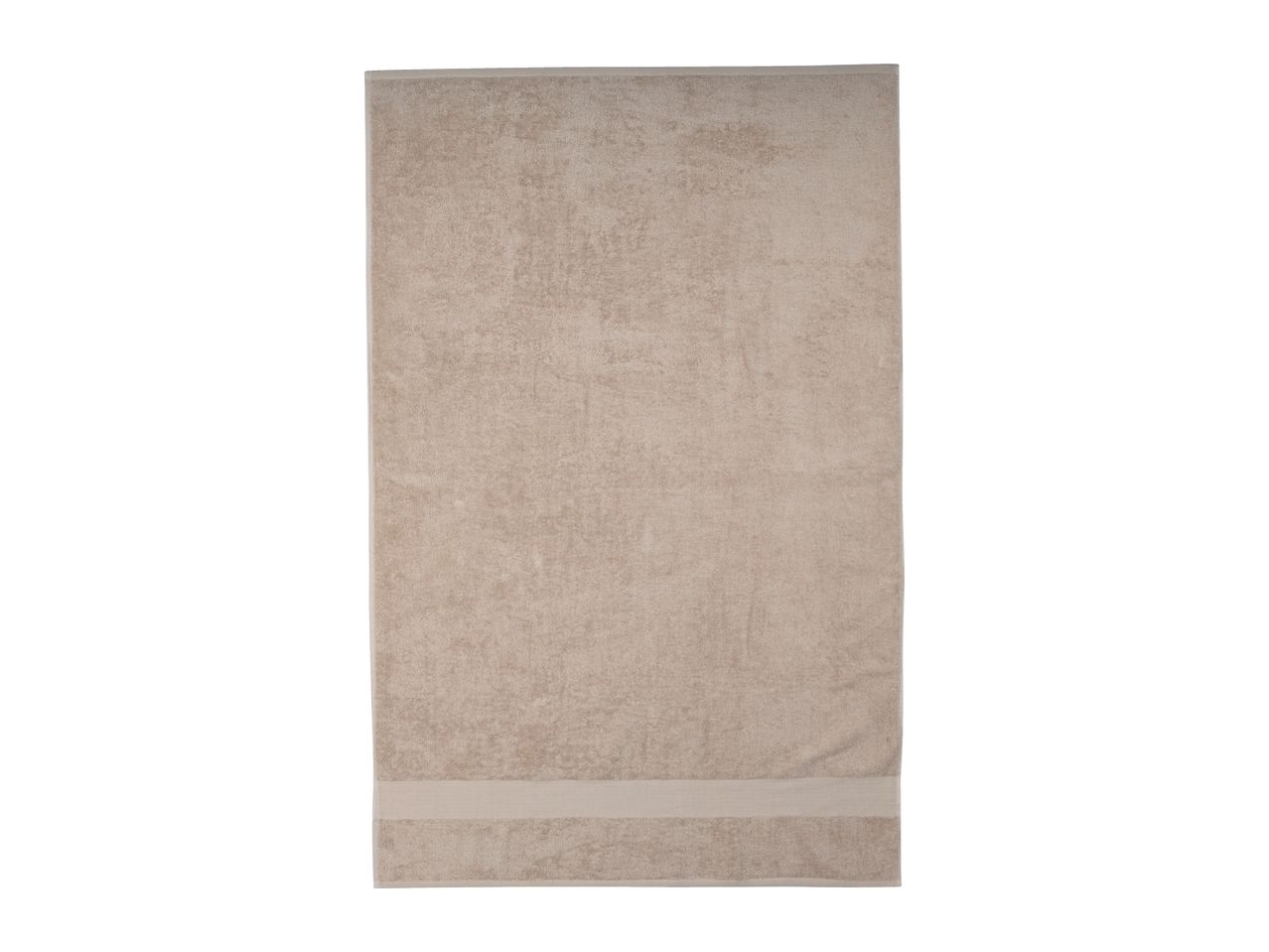 A beige bath towel with a subtle textured pattern and a decorative band at the bottom.