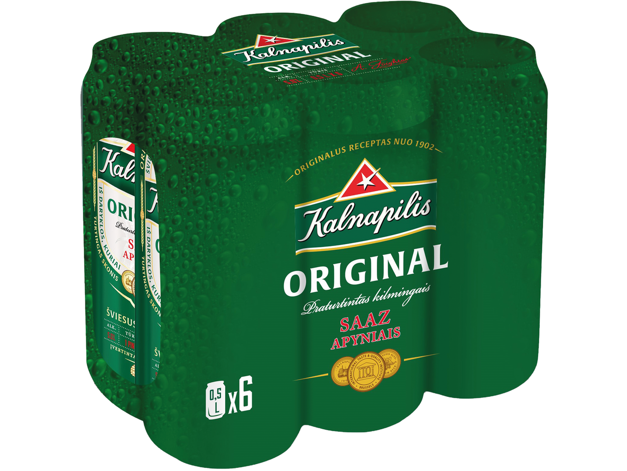 Šeši Kalnapilis Original alaus skardinės su kondensatu.