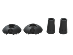 Ponteiras de borracha para bastões de trekking CRIVIT, duas em forma de sino e duas cilíndricas.