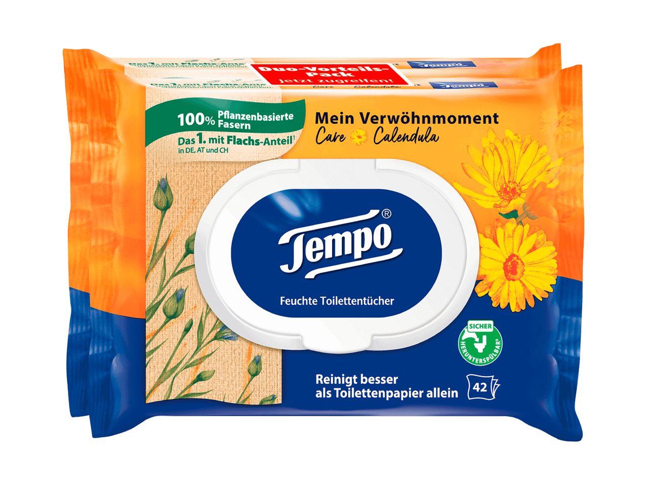 Duo-Pack Tempo Feuchte Toilettentücher mit Calendula und Pflanzenfasern.