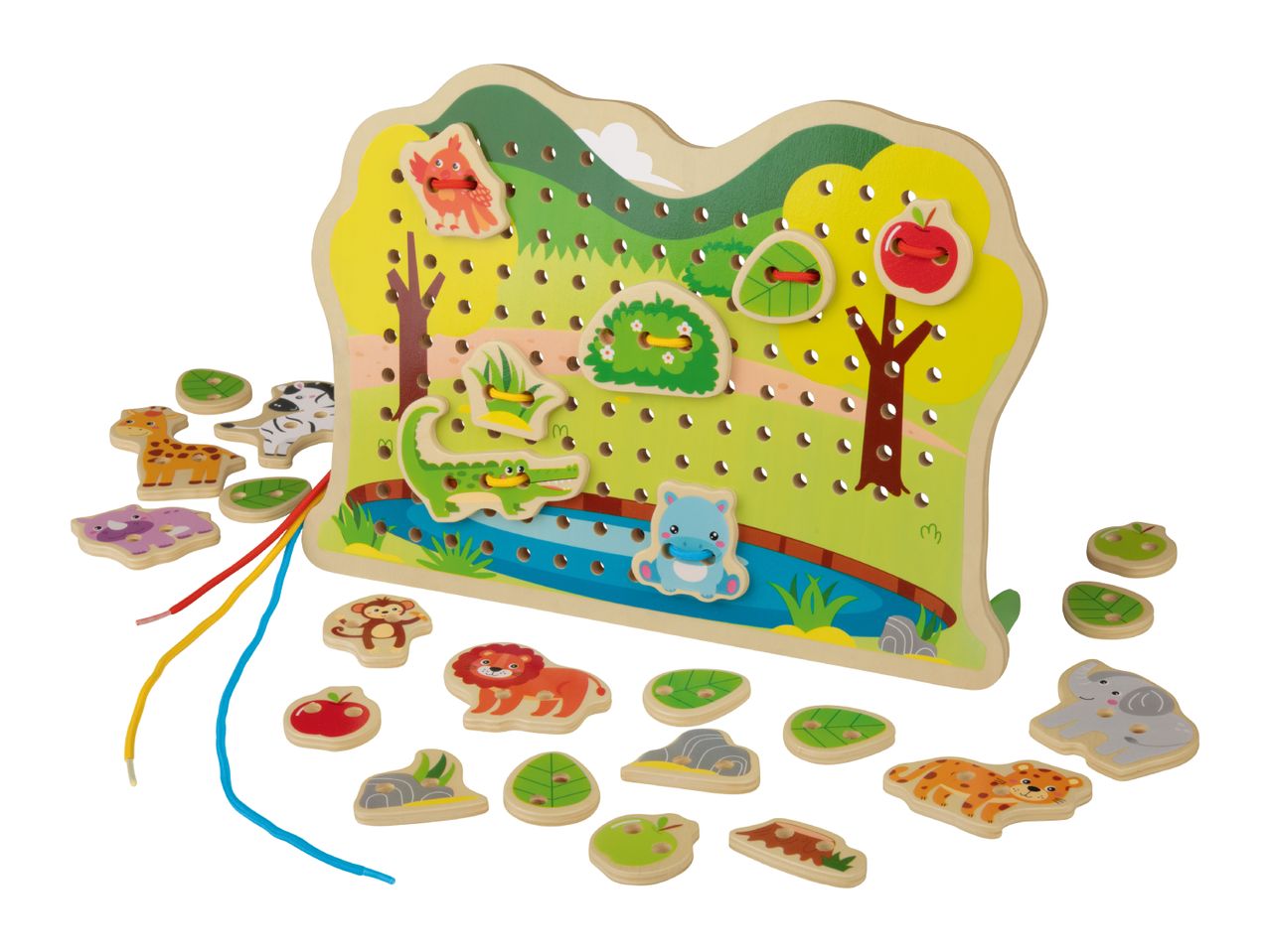Wooden lacing board with jungle animals and nature elements, with three colorful laces.