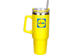 Yellow Lidl mug with straw.