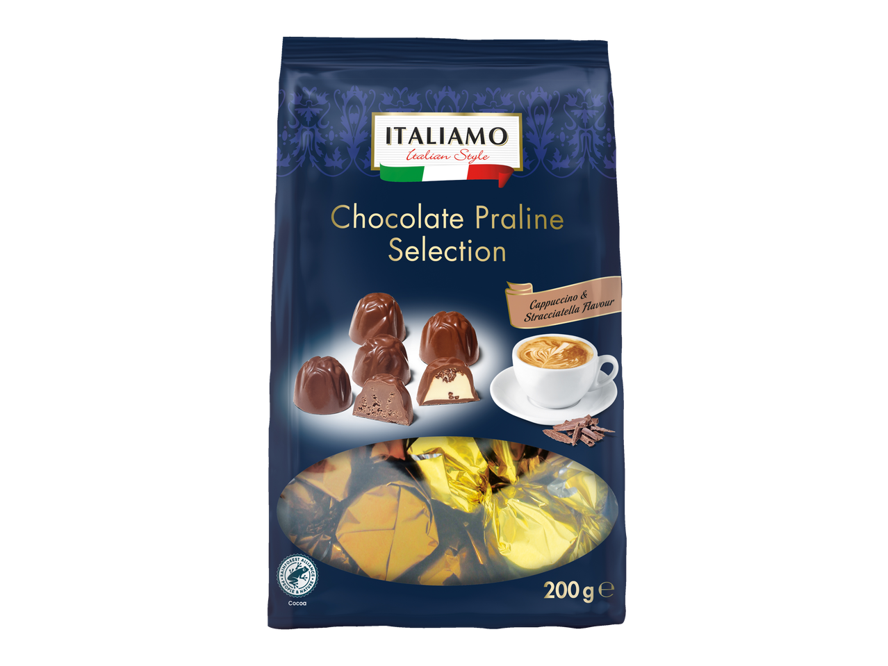 Selecție de praline de ciocolată ITALIAMO, arome cappuccino și stracciatella.