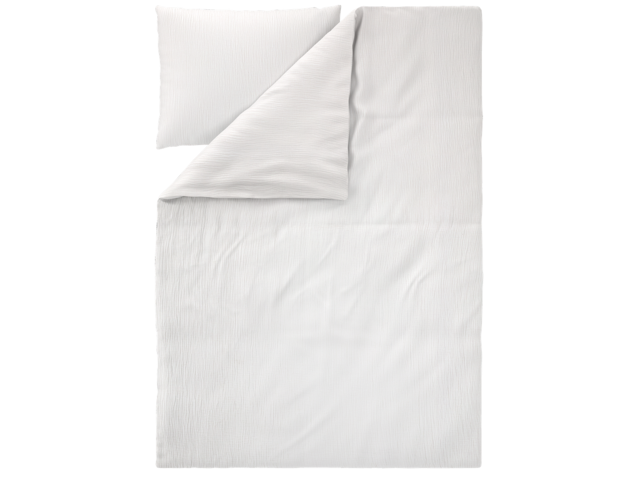 White duvet cover set with a pillow, featuring a crinkled texture.