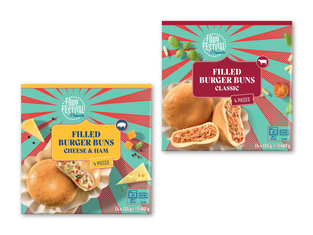 To pakker fyldte burgerboller, en med ost og skinke, den anden klassisk, med tilberedningsinstruktioner.
