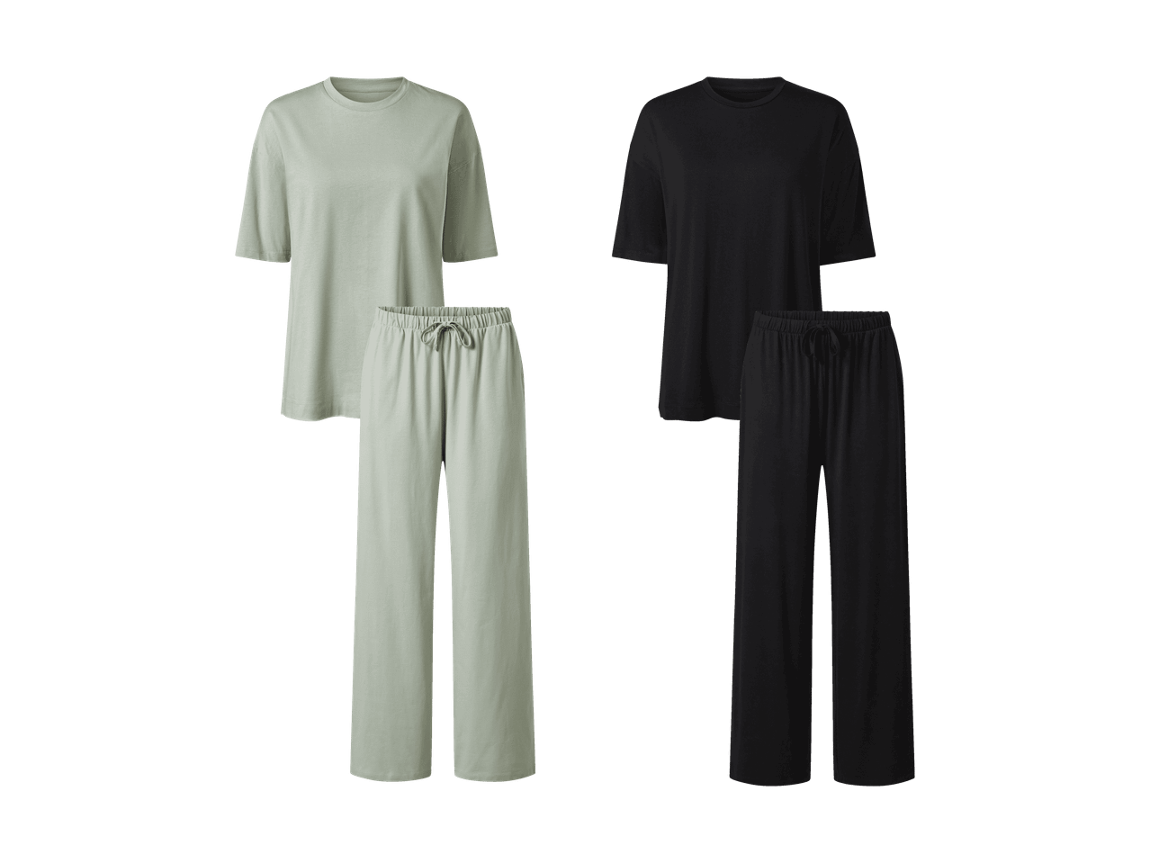 Zwei Pyjama-Sets, eines hellgrün und eines schwarz, bestehend aus T-Shirt und Hose.