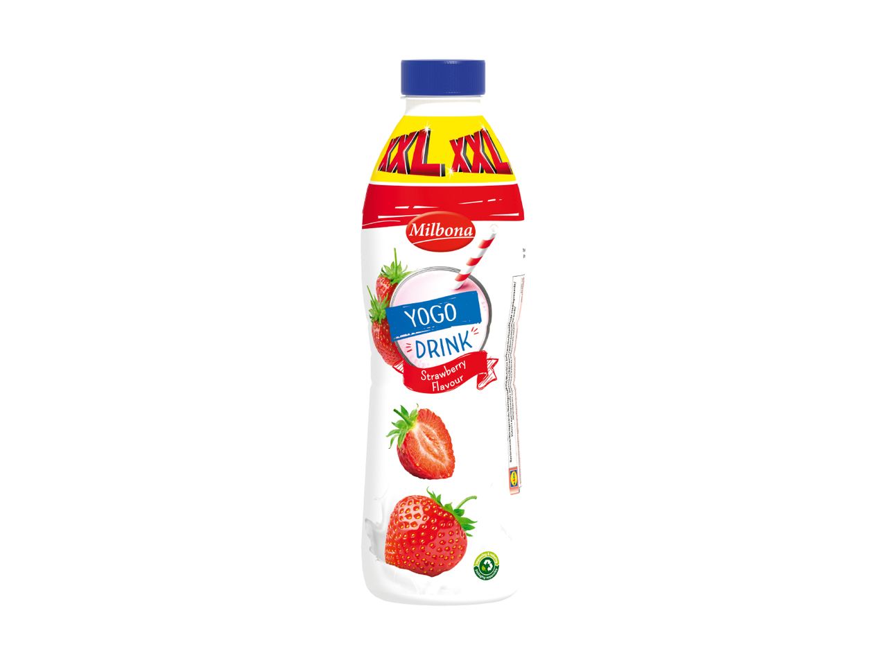 A bottle of strawberry-flavored yogurt drink.