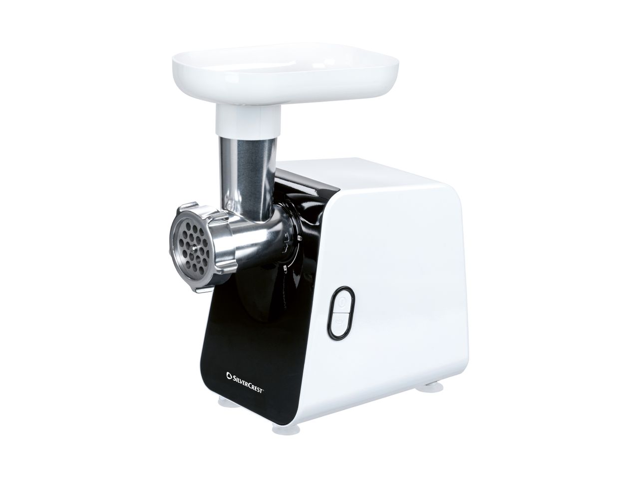 SilverCrest electric meat grinder in white and black with a metal grinding head
