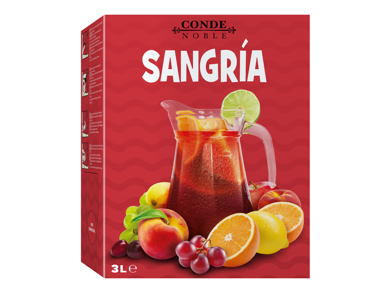 Sangria-pakkaus, jossa on kannu sangriaa ja hedelmiä, kuten appelsiineja, sitruunoita, persikoita ja viinirypäleitä.