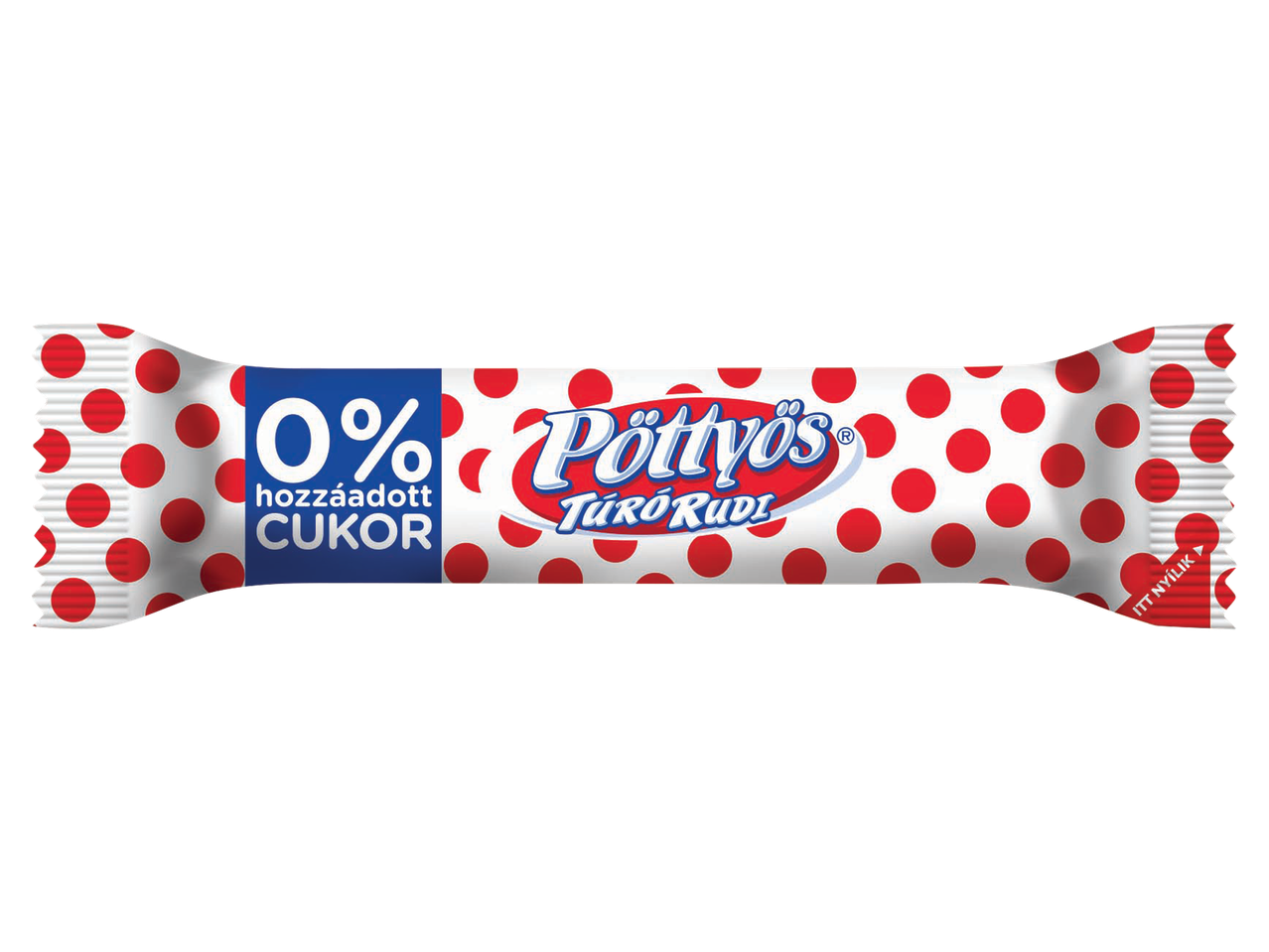 Hozzáadott cukor nélküli, piros pöttyös csomagolású túródesszert.