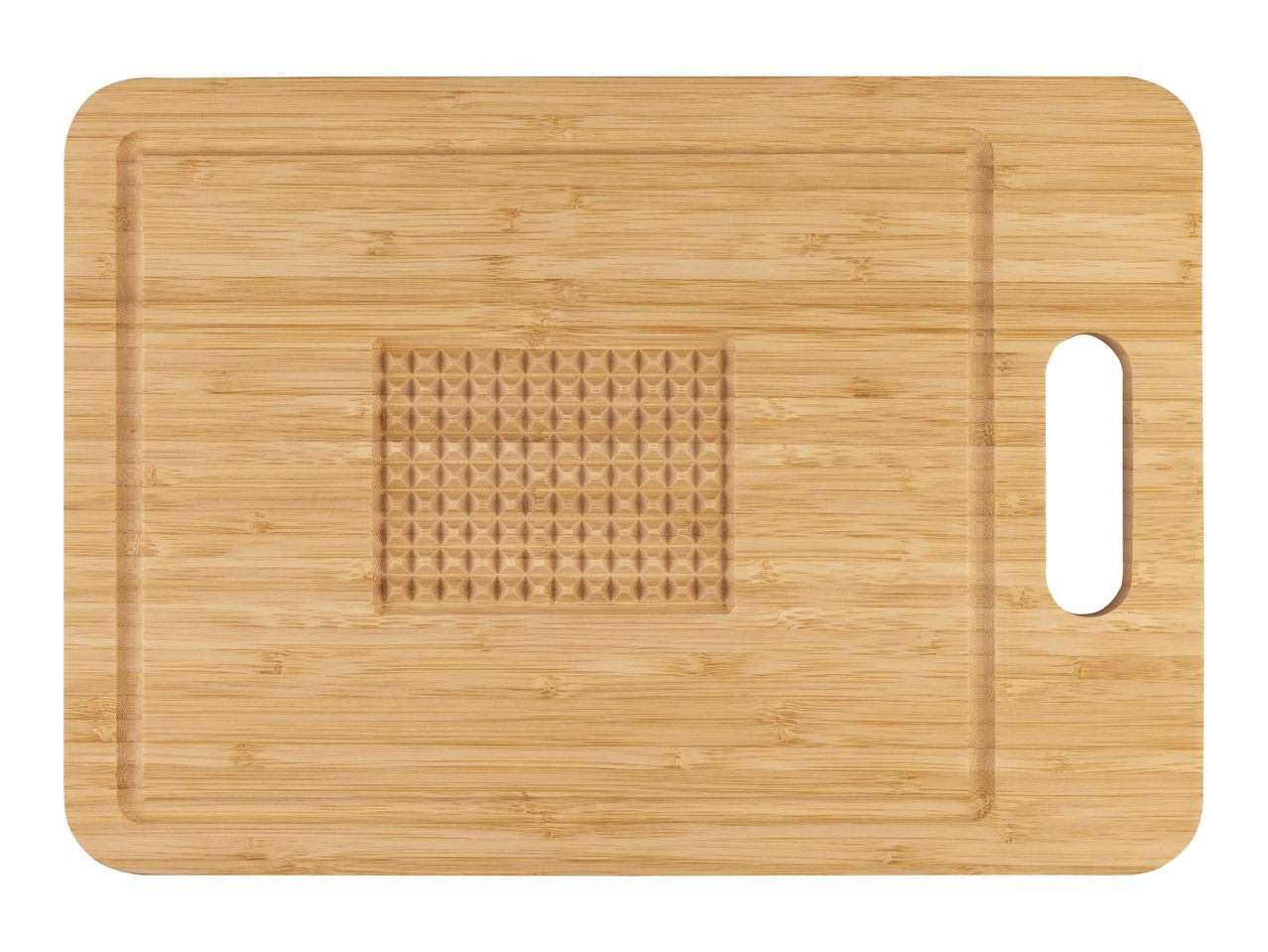 A bamboo cutting board with a small, perforated square and a handle.