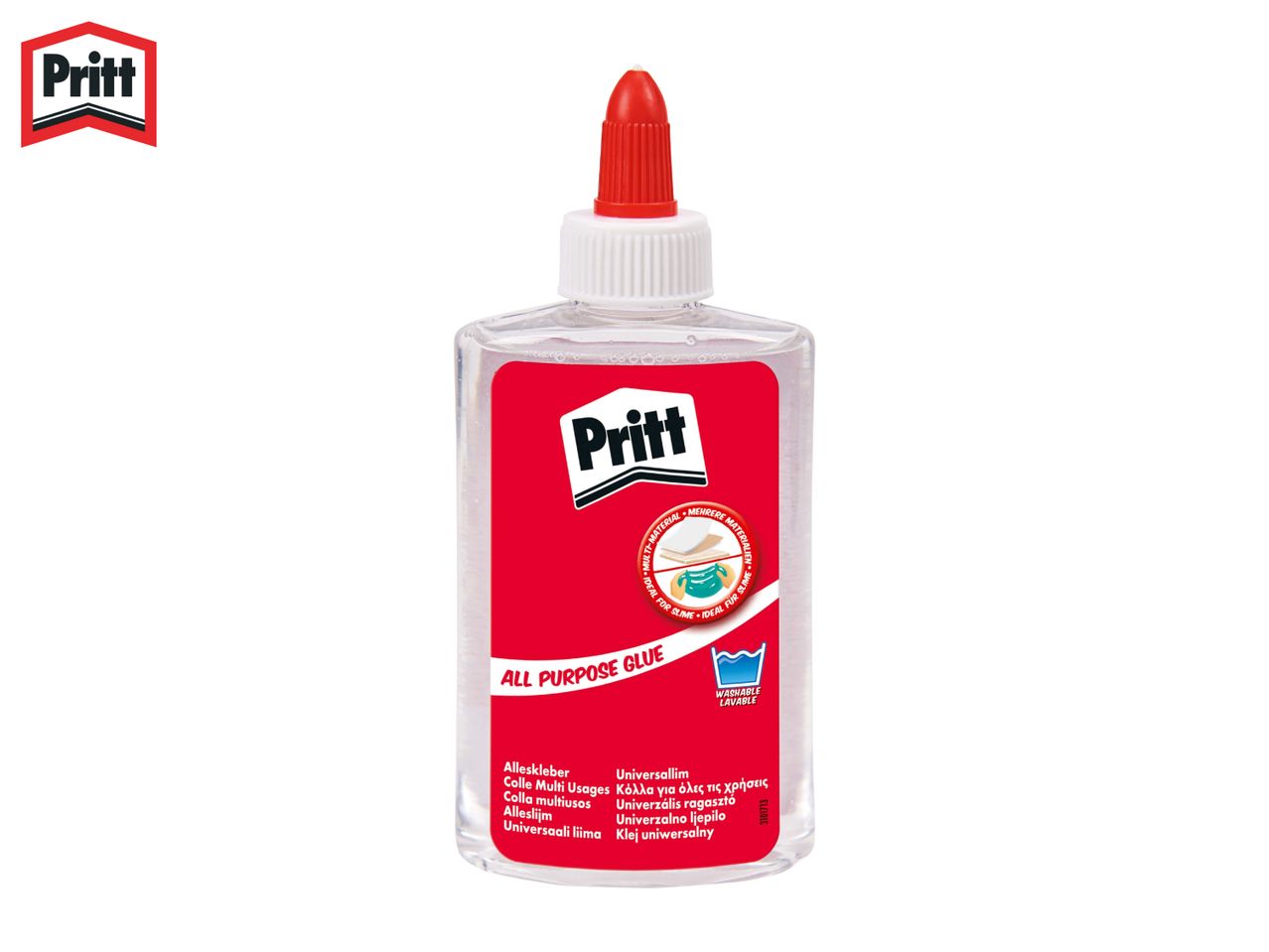 Clear all-purpose glue bottle with red label, cap, and text in multiple languages.