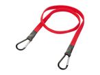 Red bungee cord with black carabiner clips on a white background.