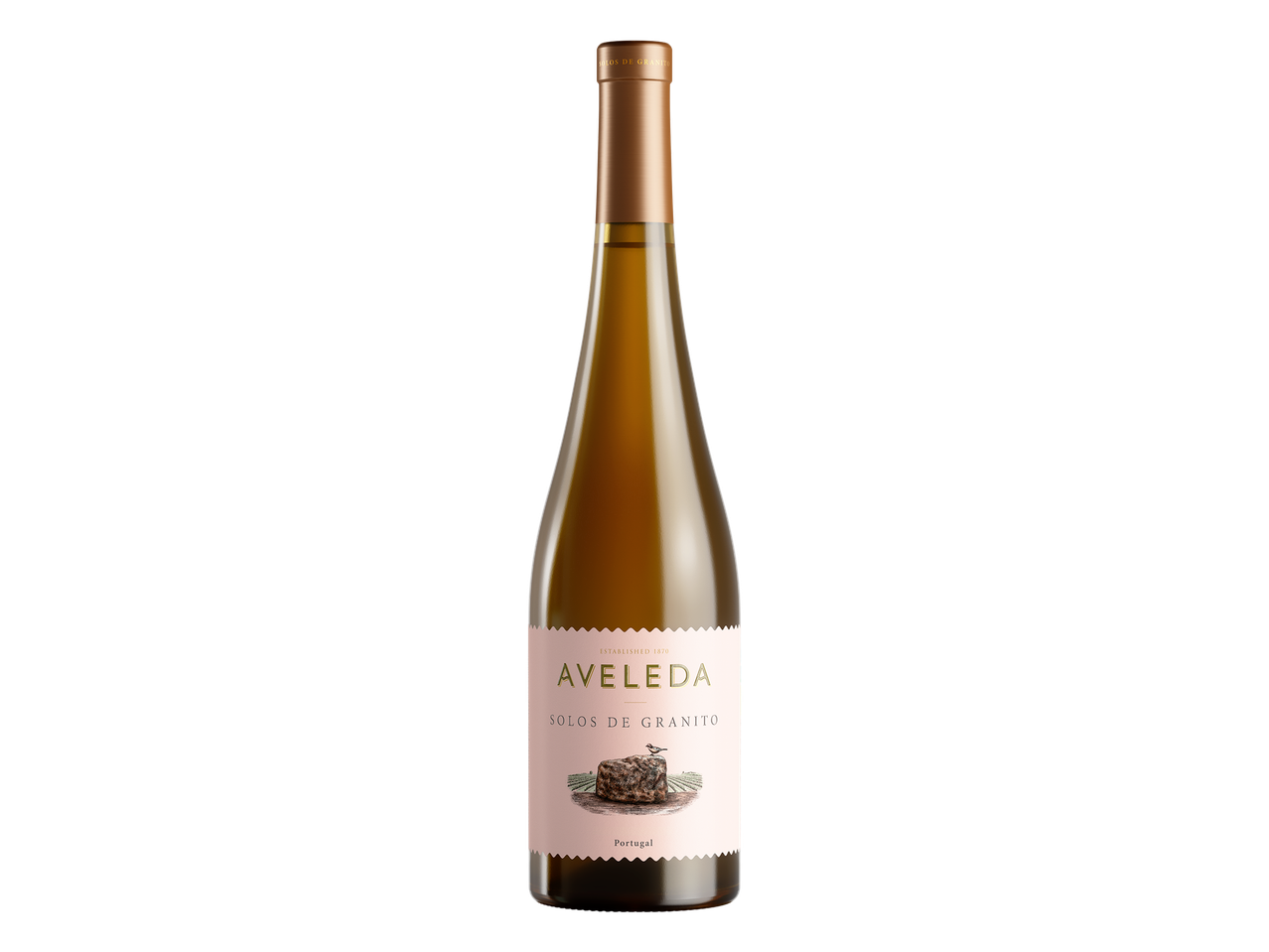 Garrafa de vinho branco com rótulo rosa claro e ilustração de rocha e pássaro.