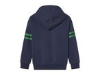 Navy blue hoodie with green stripes on the sleeves.