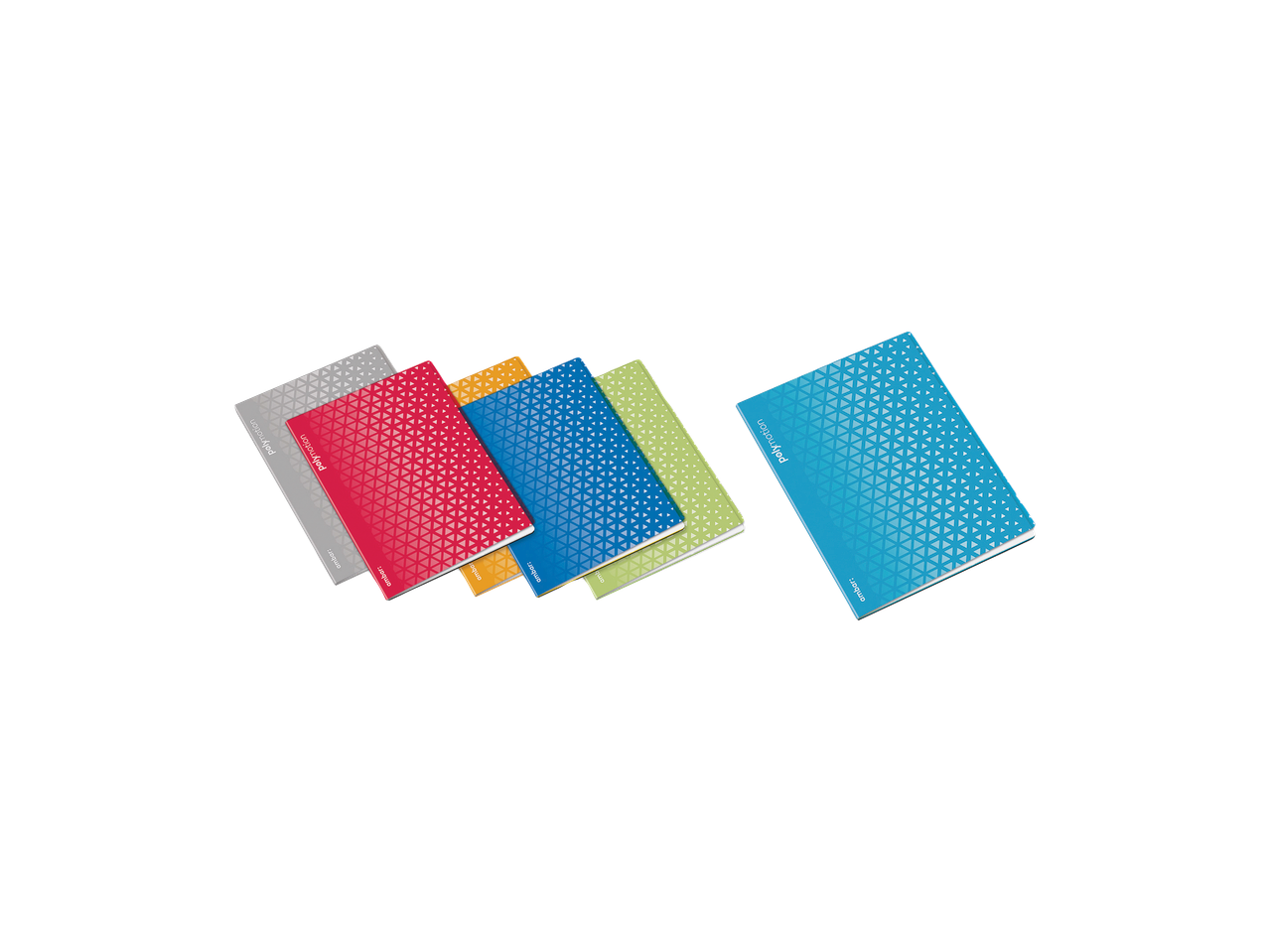 Cadernos AMBAR com padrões geométricos em várias cores, incluindo azul, vermelho e verde.