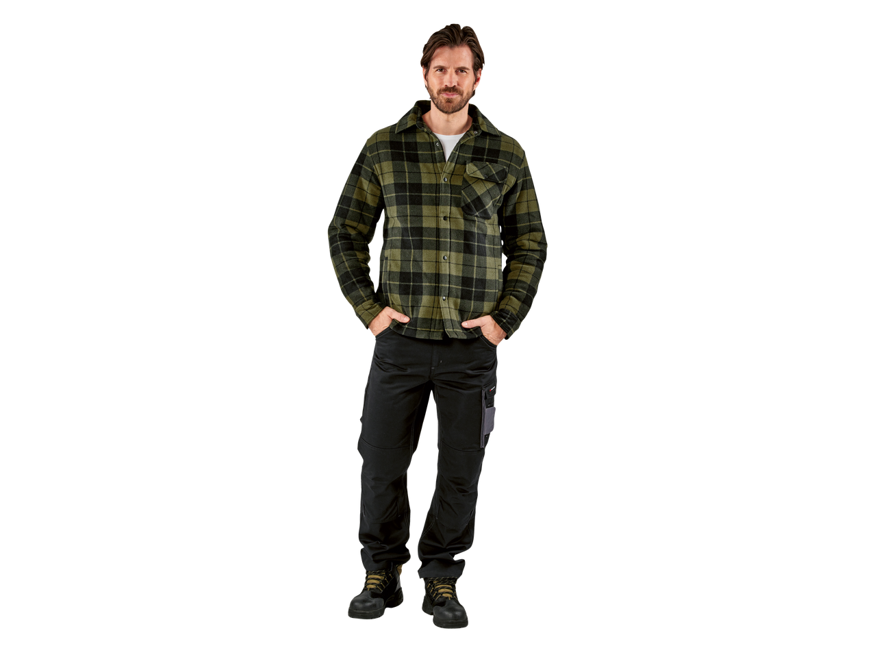 PARKSIDE® men's overshirt in green and black plaid, worn with black work pants and boots.