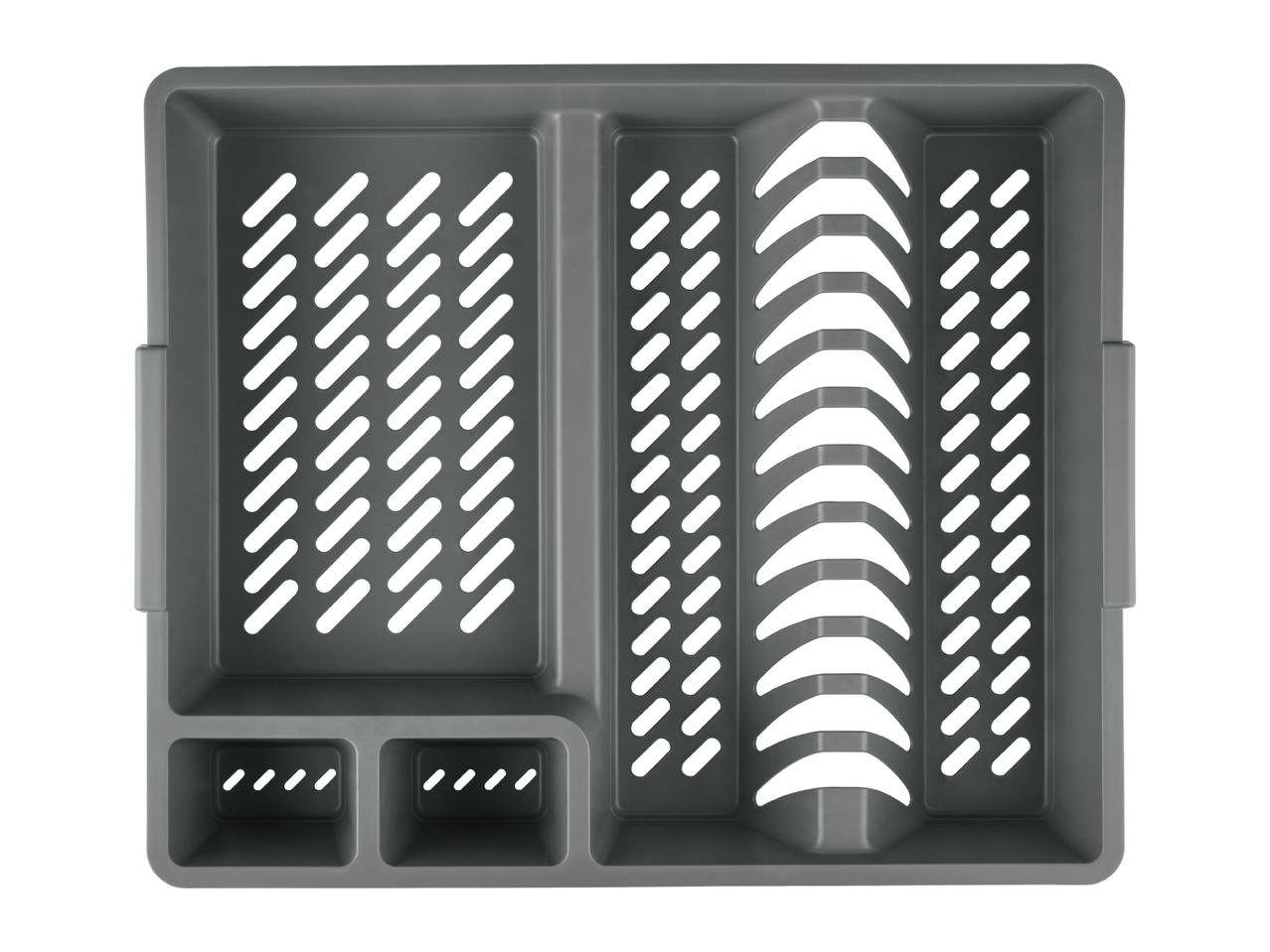 Grey plastic dish drainer with multiple compartments for plates, cutlery, and other kitchenware.
