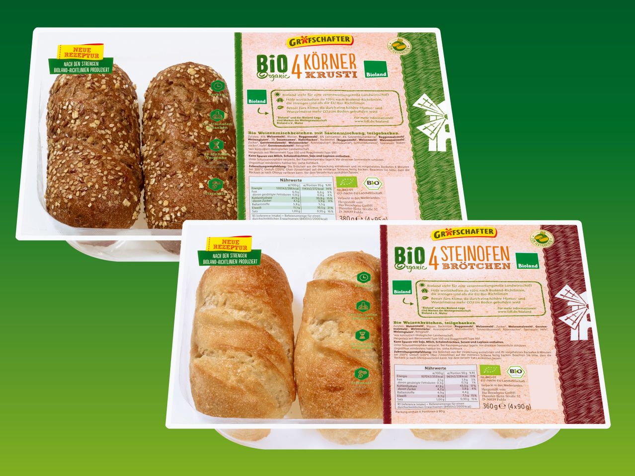 Bioland Grafchafter: Bio-Brote mit 4 Körnern und 4 Steinofenbrötchen.