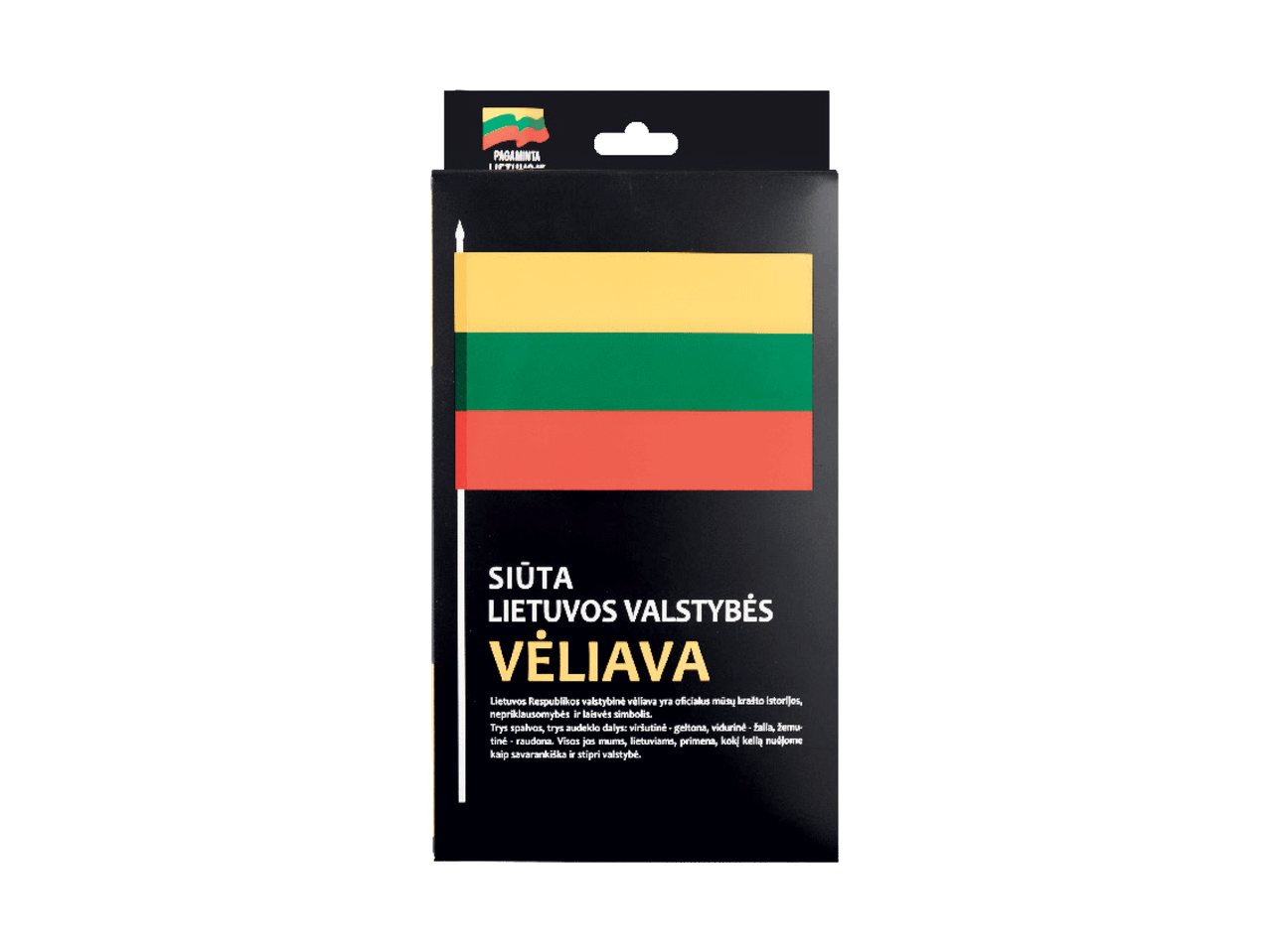 Pakuotė su Lietuvos valstybine vėliava ir aprašymu apie jos spalvų reikšmes.