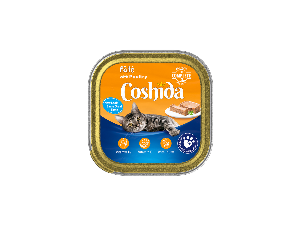 Coshida Cat Food Pâté with Poultry, featuring a cat and nutritional benefits.