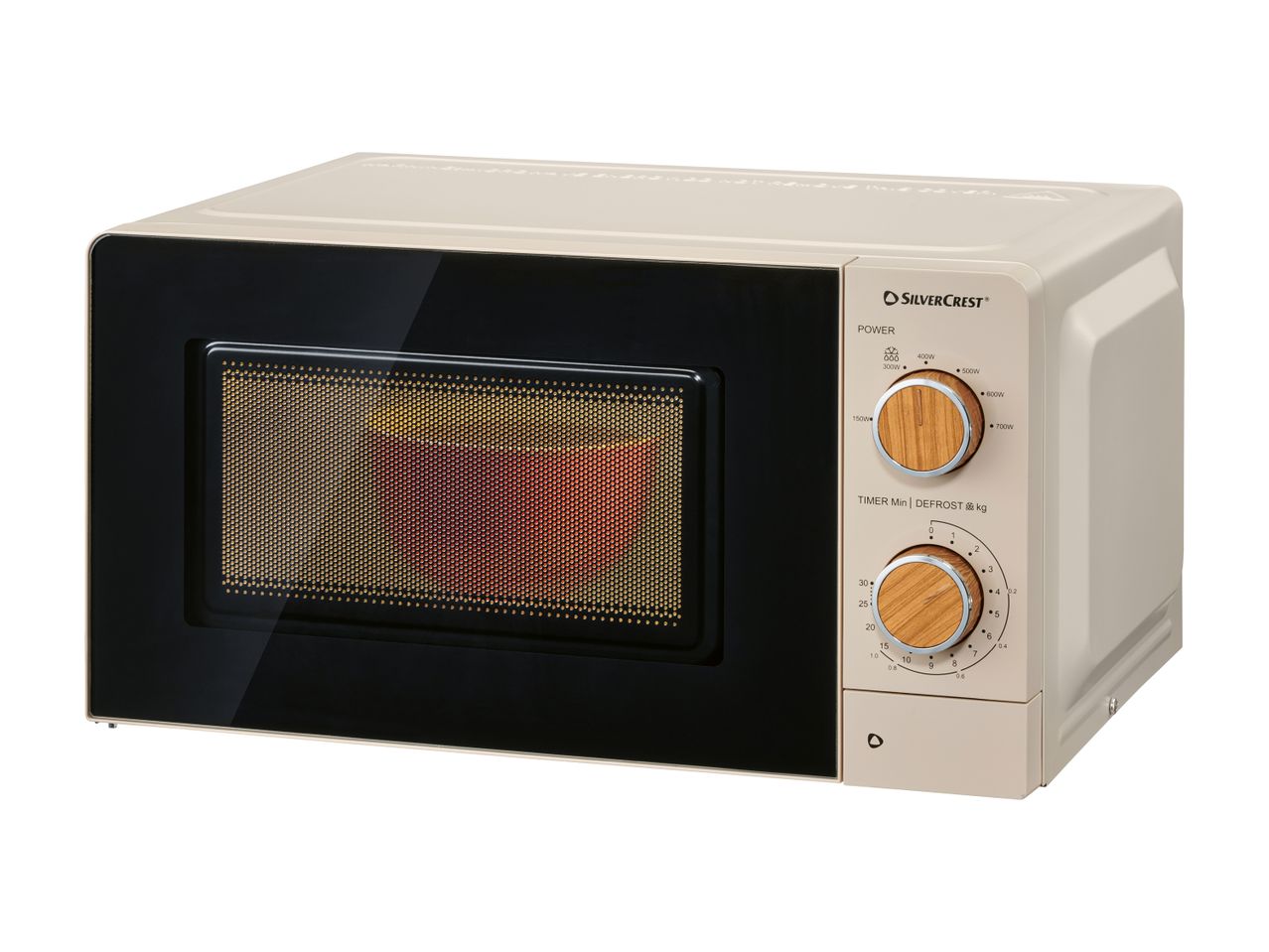 Cream-colored microwave oven with black door and wooden-look control knobs, showing power and timer settings.