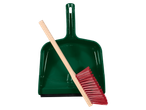 Green dustpan and red brush with a wooden handle