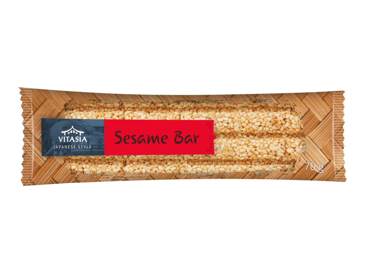 Sesame bar in Japanese style packaging, showing the product and text 'Sesame Bar 70g'.