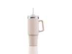 Pink insulated tumbler with handle and straw.