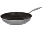 Non-stick wok pan with a silver handle on a black background.