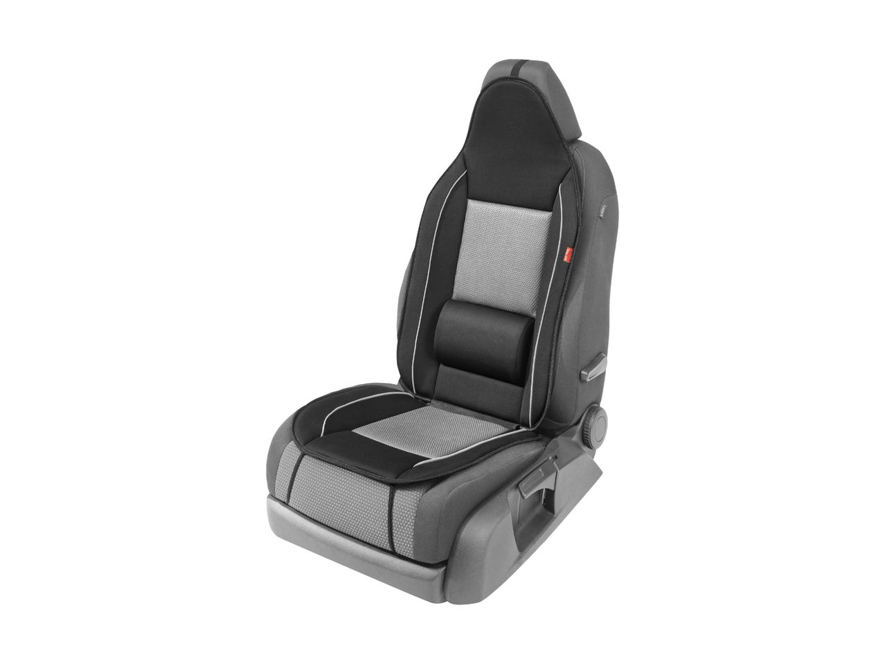Gray and black car seat with integrated lumbar support.