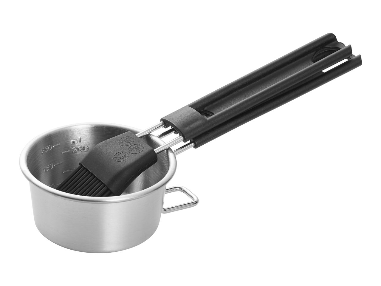 Stainless steel measuring cup with a black silicone basting brush inside.