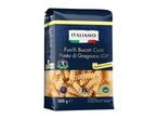 A dark blue package of Fusilli Bucati Corti pasta, 500g, with an Italian flag design.