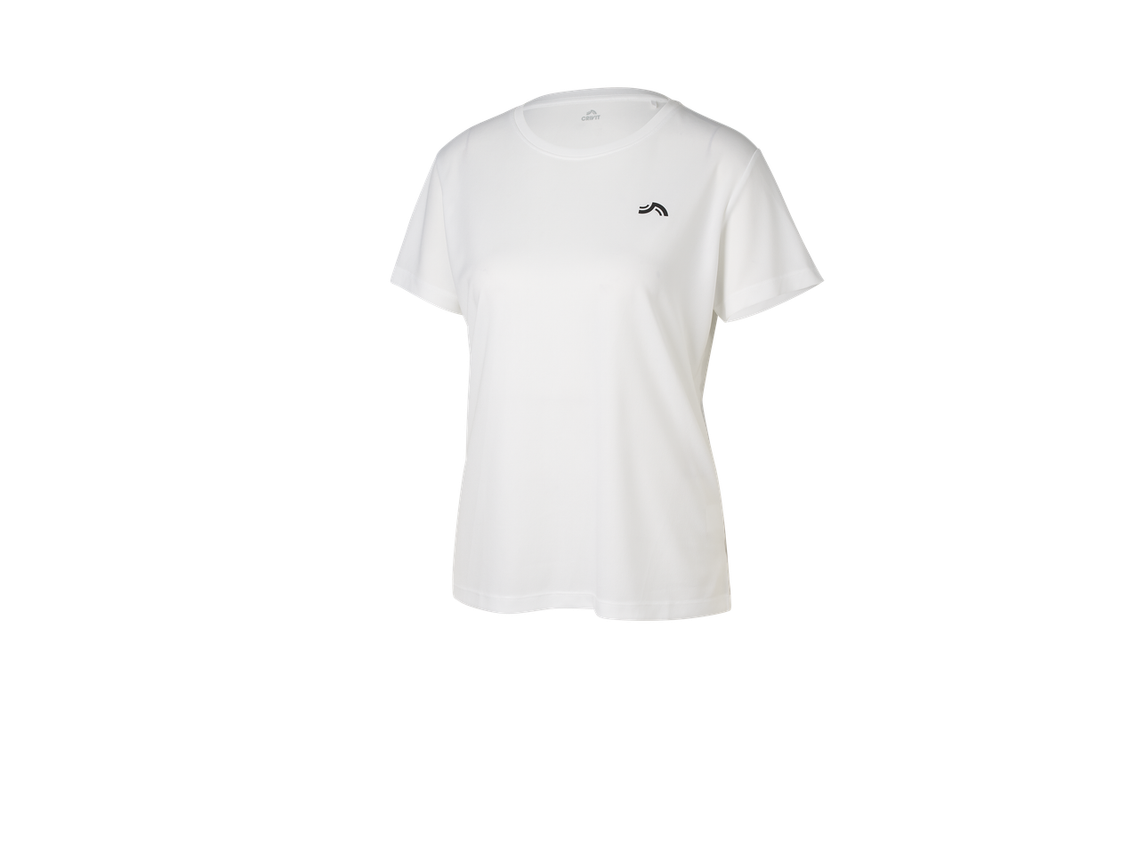 T-shirt de sport blanc à manches courtes avec un petit logo noir sur la poitrine.