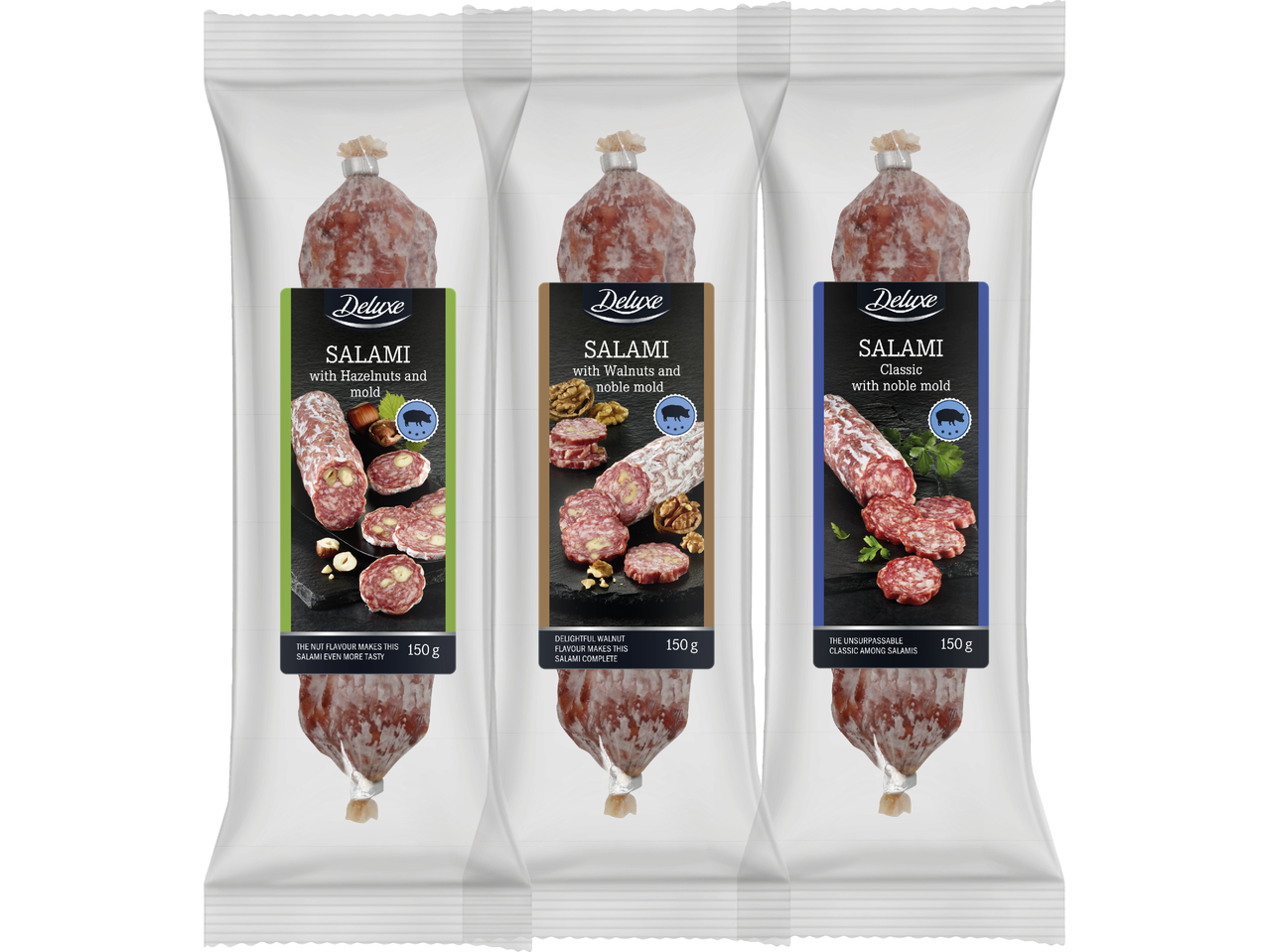 Tre förpackningar salami: en med hasselnötter, en med valnötter och en klassisk.